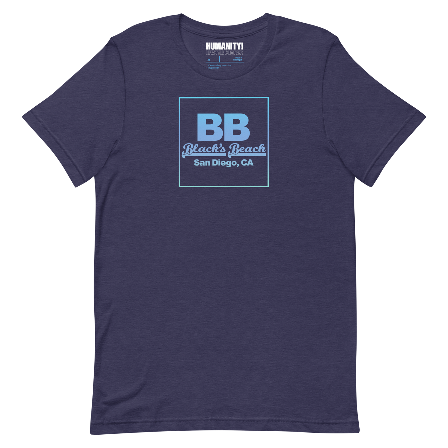 Navy blue t-shirt with 'BB Black's Beach San Diego, CA' print on a white background